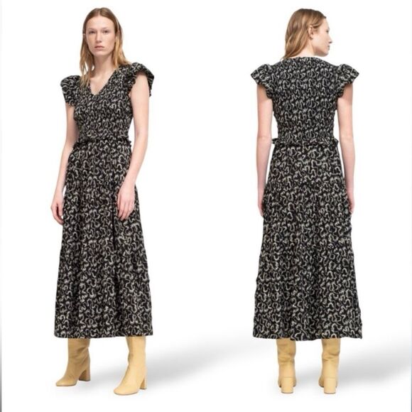 Sea New York Thandi Smocked Textured Maxi Dress Short Flutter Sleeve 8 Black - Picture 10 of 10